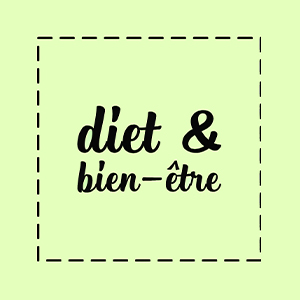Le fon est d'un vert assez pâle. Un carré en pointillés s'en découpe, et au centre le titre de l'émission : "Diet & bien être", dans une police manuscrite attachée.